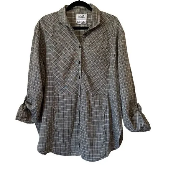 Vintage Flax by Joanne Engelhart Linen Windowpane Plaid Convertible Slv Top Sz S - Picture 2 of 13